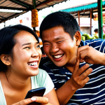 **

A warm, candid photo of a young adult and their parents laughing together at a Thai market (talat). The young adult is showing their parents something interesting on their smartphone while they are surrounded by colorful food stalls and vendors. Focus on the expressions of joy and connection, emphasizing the bridging of generational gaps through shared experiences.

**