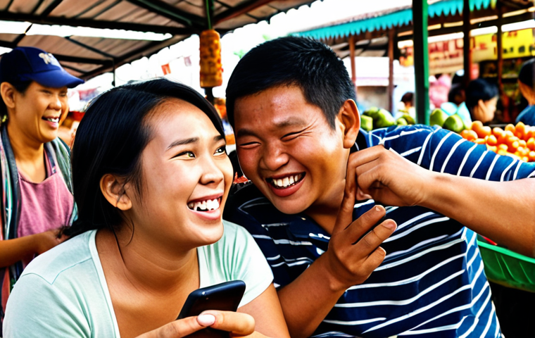 **

A warm, candid photo of a young adult and their parents laughing together at a Thai market (talat). The young adult is showing their parents something interesting on their smartphone while they are surrounded by colorful food stalls and vendors. Focus on the expressions of joy and connection, emphasizing the bridging of generational gaps through shared experiences.

**