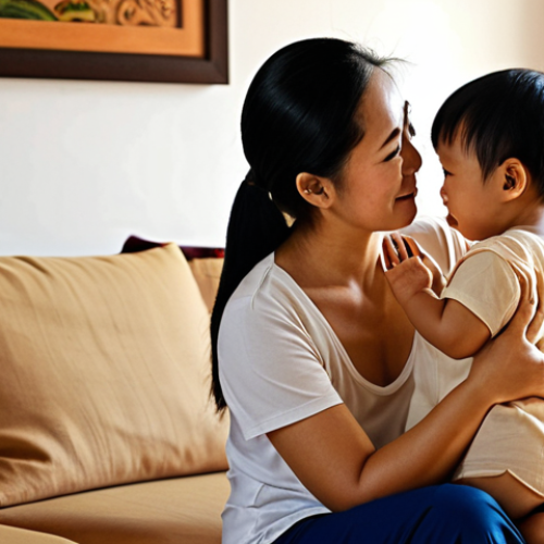**A warm and comforting scene of a Thai family, a mother and child, having an open and heartfelt conversation in their living room. Soft, natural lighting emphasizing the emotional connection and safe space.**