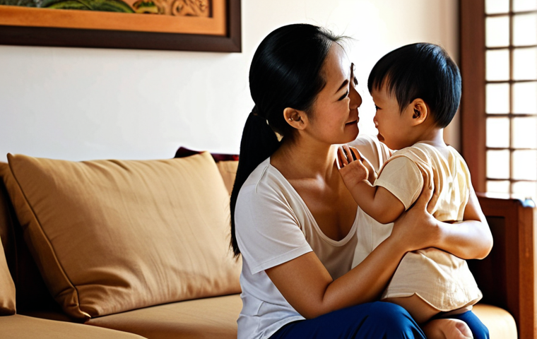 **A warm and comforting scene of a Thai family, a mother and child, having an open and heartfelt conversation in their living room. Soft, natural lighting emphasizing the emotional connection and safe space.**