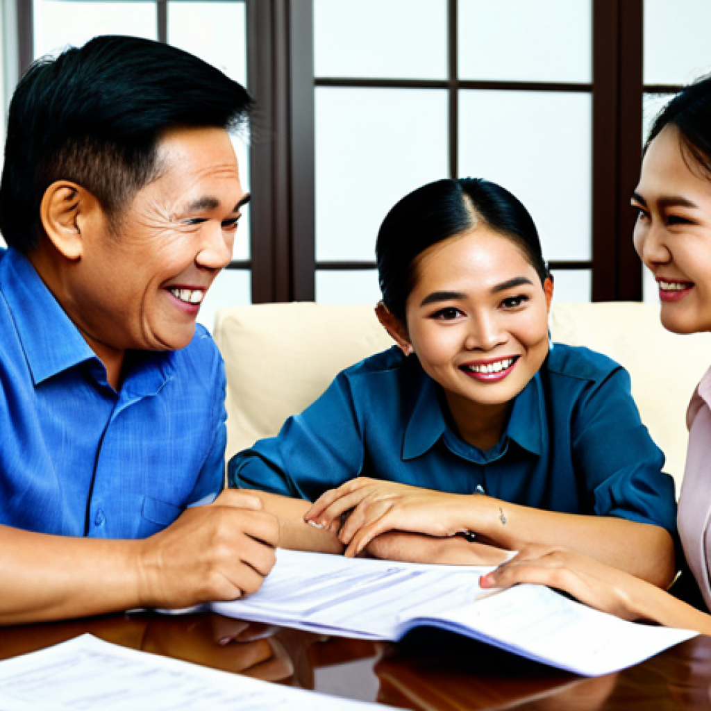 A Thai family (father, mother, adult child) sitting around a table in a modern Thai home, fully clothed in appropriate attire. They are looking at financial documents with smiles and engaged expressions. The background shows a well-organized living room with traditional Thai decor elements subtly incorporated. safe for work, appropriate content, professional financial planning, modest clothing, perfect anatomy, natural pose, high quality.