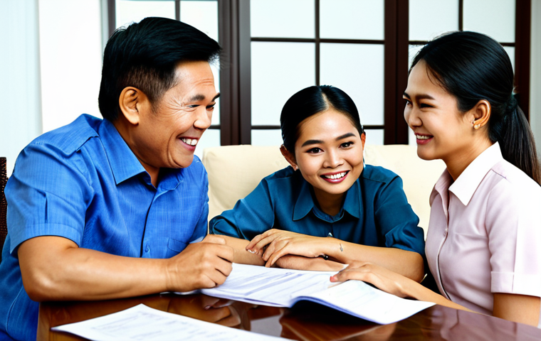 A Thai family (father, mother, adult child) sitting around a table in a modern Thai home, fully clothed in appropriate attire. They are looking at financial documents with smiles and engaged expressions. The background shows a well-organized living room with traditional Thai decor elements subtly incorporated. safe for work, appropriate content, professional financial planning, modest clothing, perfect anatomy, natural pose, high quality.