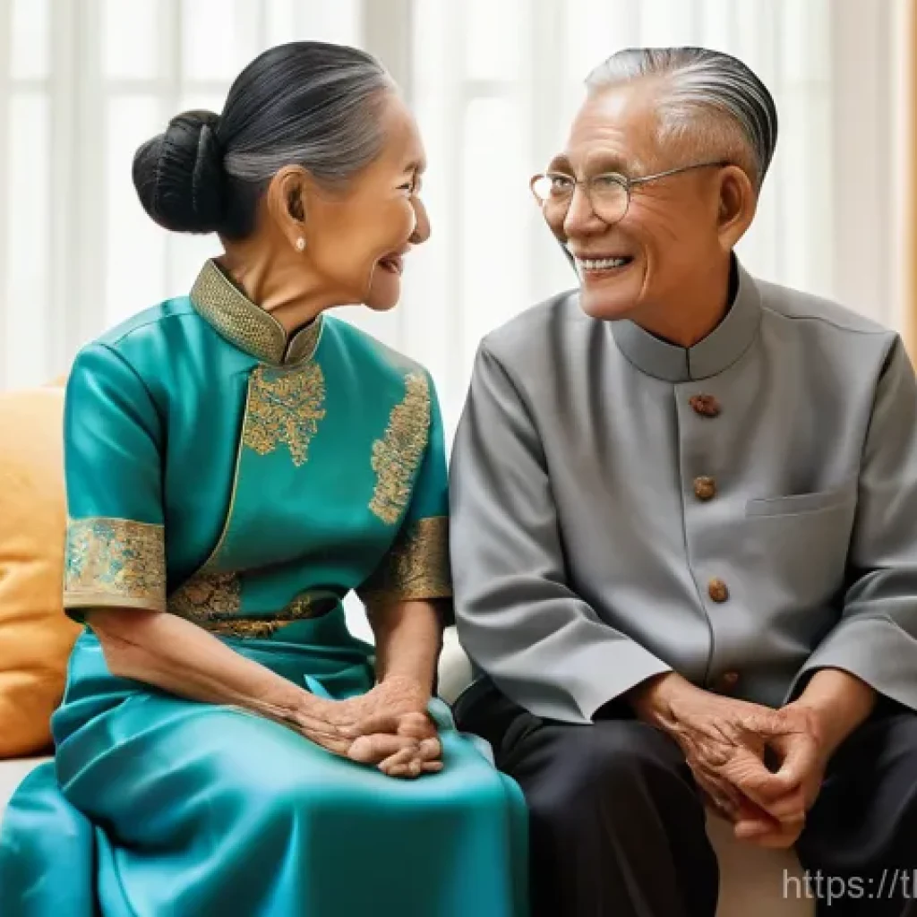 부모의 재정적 역량 이해하기 - A heartwarming scene featuring an elderly Thai couple, both dressed in traditional, modest, and comf...