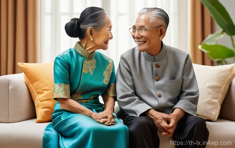 부모의 재정적 역량 이해하기 - A heartwarming scene featuring an elderly Thai couple, both dressed in traditional, modest, and comf...