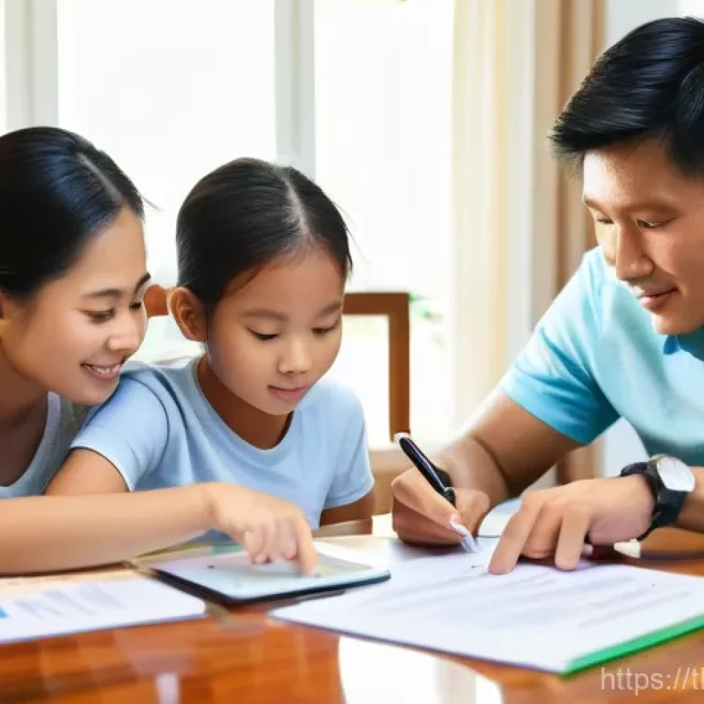 부모의 자산 관리 방법 배우기 - **Prompt:** "A modern Thai family of four (parents, a young daughter aged 7, and a teenage son aged ...