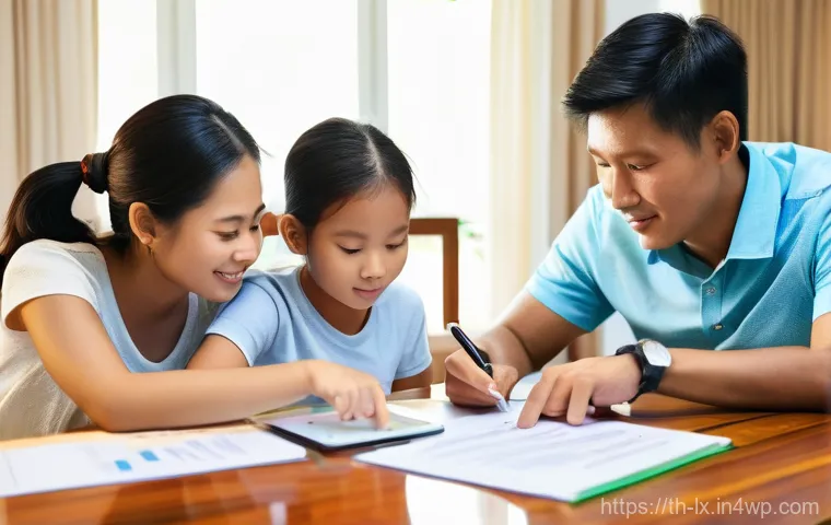 부모의 자산 관리 방법 배우기 - **Prompt:** "A modern Thai family of four (parents, a young daughter aged 7, and a teenage son aged ...