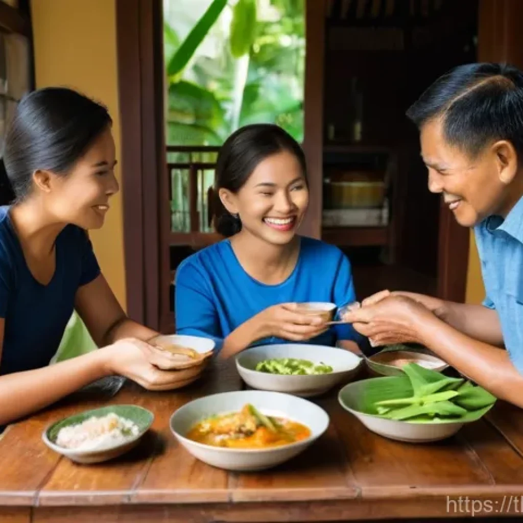 부모와의 대화를 통해 얻는 교훈 - **Prompt:** A warm, inviting scene inside a traditional Thai home. A multigenerational Thai family, ...