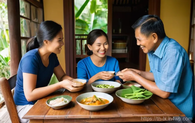 부모와의 대화를 통해 얻는 교훈 - **Prompt:** A warm, inviting scene inside a traditional Thai home. A multigenerational Thai family, ...