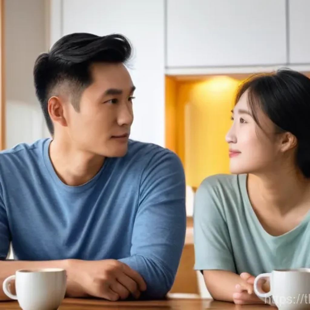 부모와의 부 대화에서 솔직함 유지하기 - **Prompt:** A warm and intimate indoor scene, focusing on a young adult (early 20s, East Asian appea...
