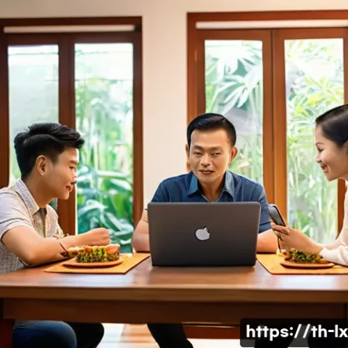 Home 33 부모와 자녀 간의 재정적 갈등 해결하기 - A warm family scene in a modern Thai home, showing parents and two children sitting around a wooden ...
