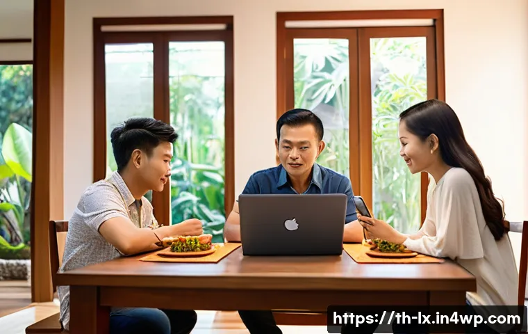 부모와 자녀 간의 재정적 갈등 해결하기 - A warm family scene in a modern Thai home, showing parents and two children sitting around a wooden ...