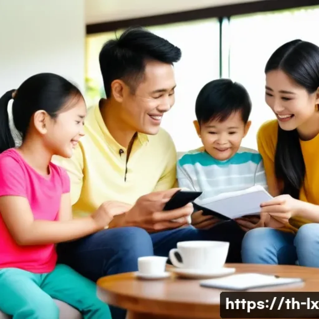 부모와 자녀 간의 재정적 목표 성취를 위한 방법 - A warm, modern Thai family sitting comfortably in their living room, engaging in an open financial d...