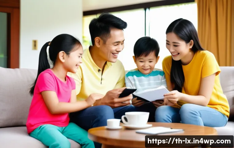 부모와 자녀 간의 재정적 목표 성취를 위한 방법 - A warm, modern Thai family sitting comfortably in their living room, engaging in an open financial d...