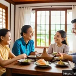 Home 19 부모의 미래 계획에 대한 대화 시작하기 - A warm and cozy family gathering in a modern Thai home, with multiple generations sitting together a...