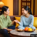 Home 18 부모에게 재정적 조언을 요청하는 방법 - A warm and relaxed family living room scene in Bangkok during early evening, showing a young adult d...