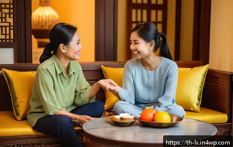 부모에게 재정적 조언을 요청하는 방법 - A warm and relaxed family living room scene in Bangkok during early evening, showing a young adult d...