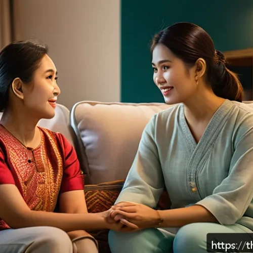 Home 17 부모와의 대화에서의 목표 조정 - A warm family scene set in a modern Thai living room during the evening, showing a loving mother and...