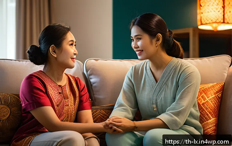부모와의 대화에서의 목표 조정 - A warm family scene set in a modern Thai living room during the evening, showing a loving mother and...